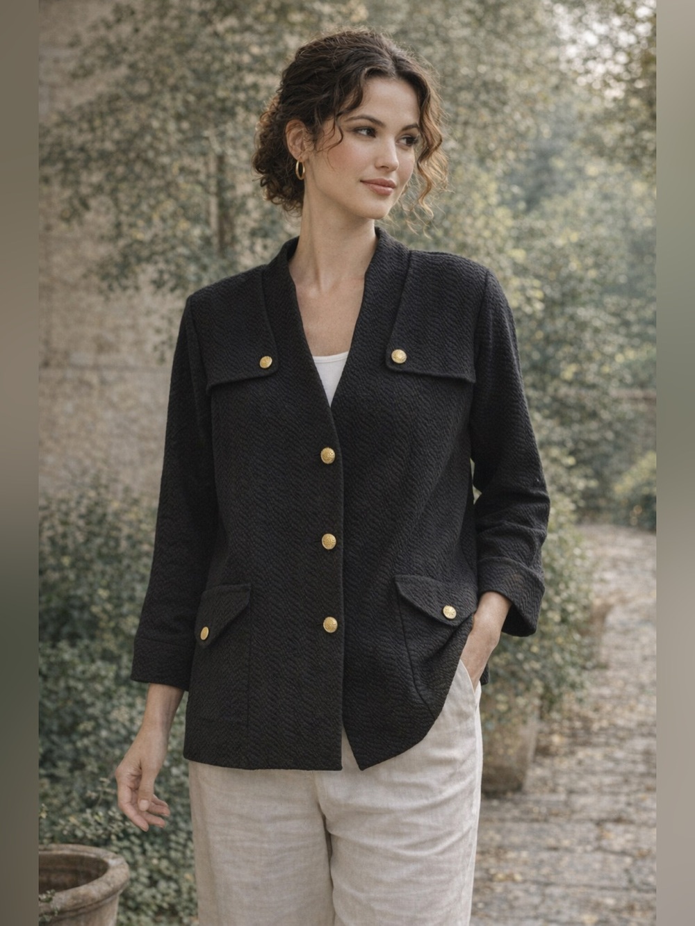 VTG Joan Rivers Knit Jacket Gold Buttons Black 2X Career Office Core